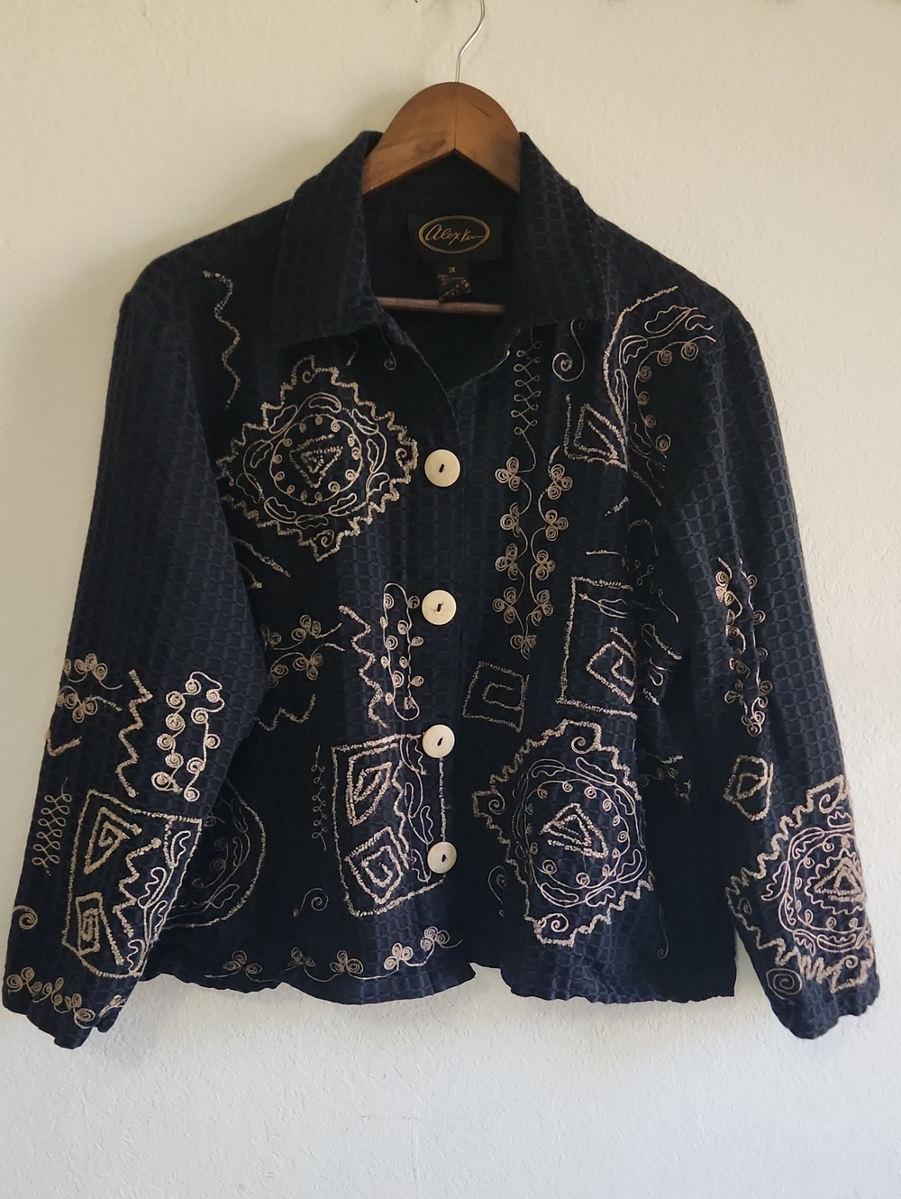 VTG Alex Kim 1X Black Gold Embroidered Art to Wear Button Jacket Boho Plus